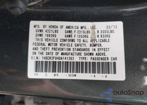 2013 Honda Accord Ex-L from USA, damaged, VIN 1HGCR2F84DA141263